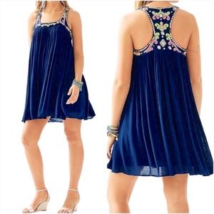 Like New!! Lilly Pulitzer Lorna Navy Trapeze Swing Dress Beaded Neon Embroidered
